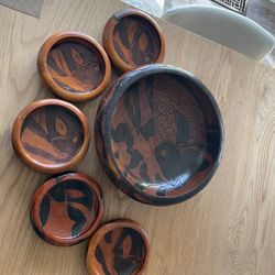 Hand Carved Black and Cherry Finish Koi Wood Salad Bowl Set