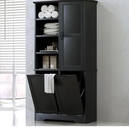 Newly assembled Cabinet with Tilt-Out Laundry Hamper Basket, Tall Bathroom Storage Organizer Linen with Open Shelf for Home, Freestanding, Black