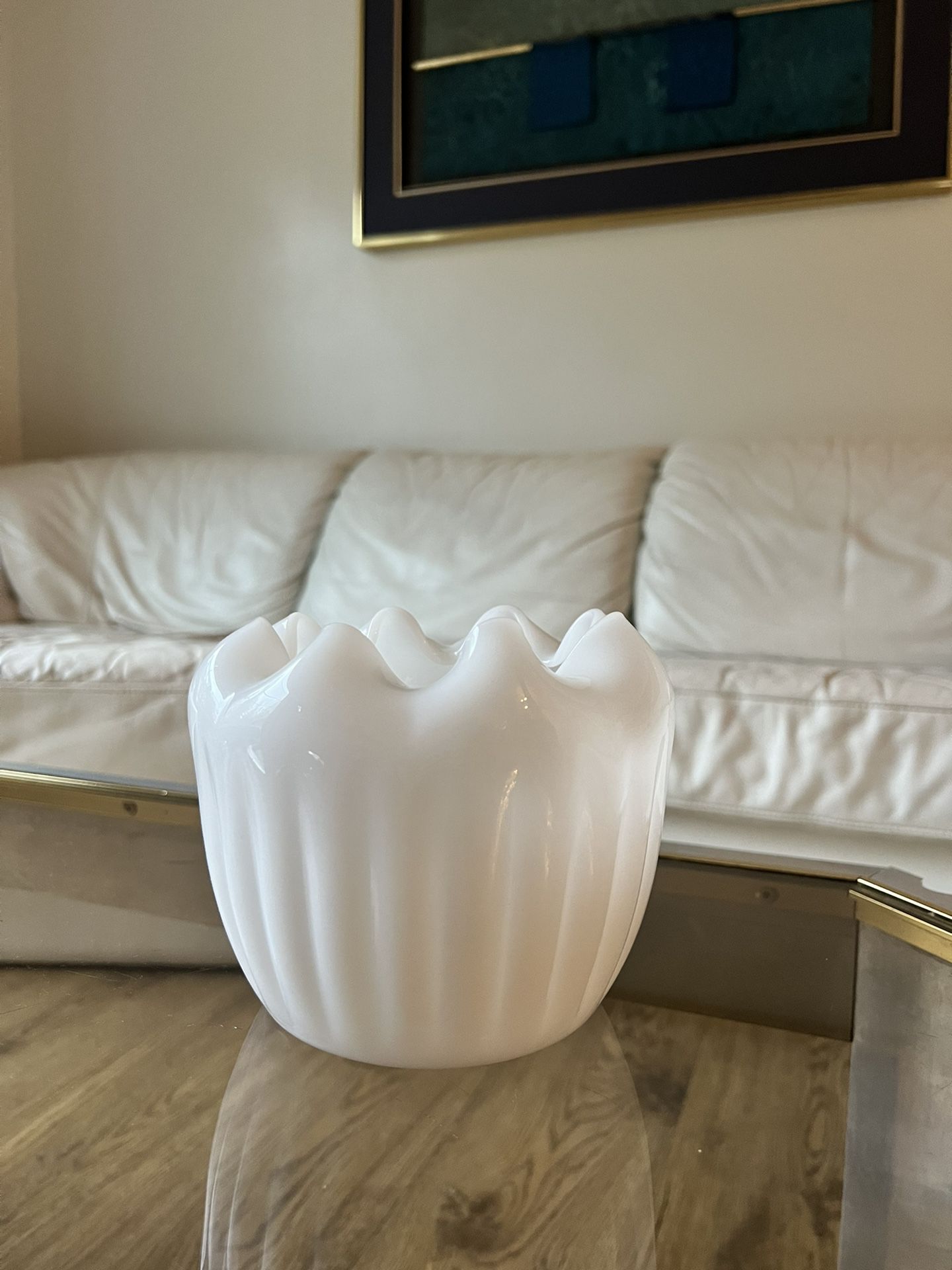 Vase Mid Century Modern Vintage Milk Glass Ribbed Asymmetric White Art