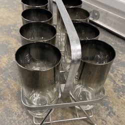 Mid Century Modern Glasses Dorothy Thorpe SILVER FADE Tom Collins Cocktail  Highball w/CARRIER Caddy