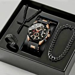4-Pcs Stylish High-End Men's Quartz Wrist Watch W/Date Display & Metal accents, Cross Pendant+Bracelet+Ring