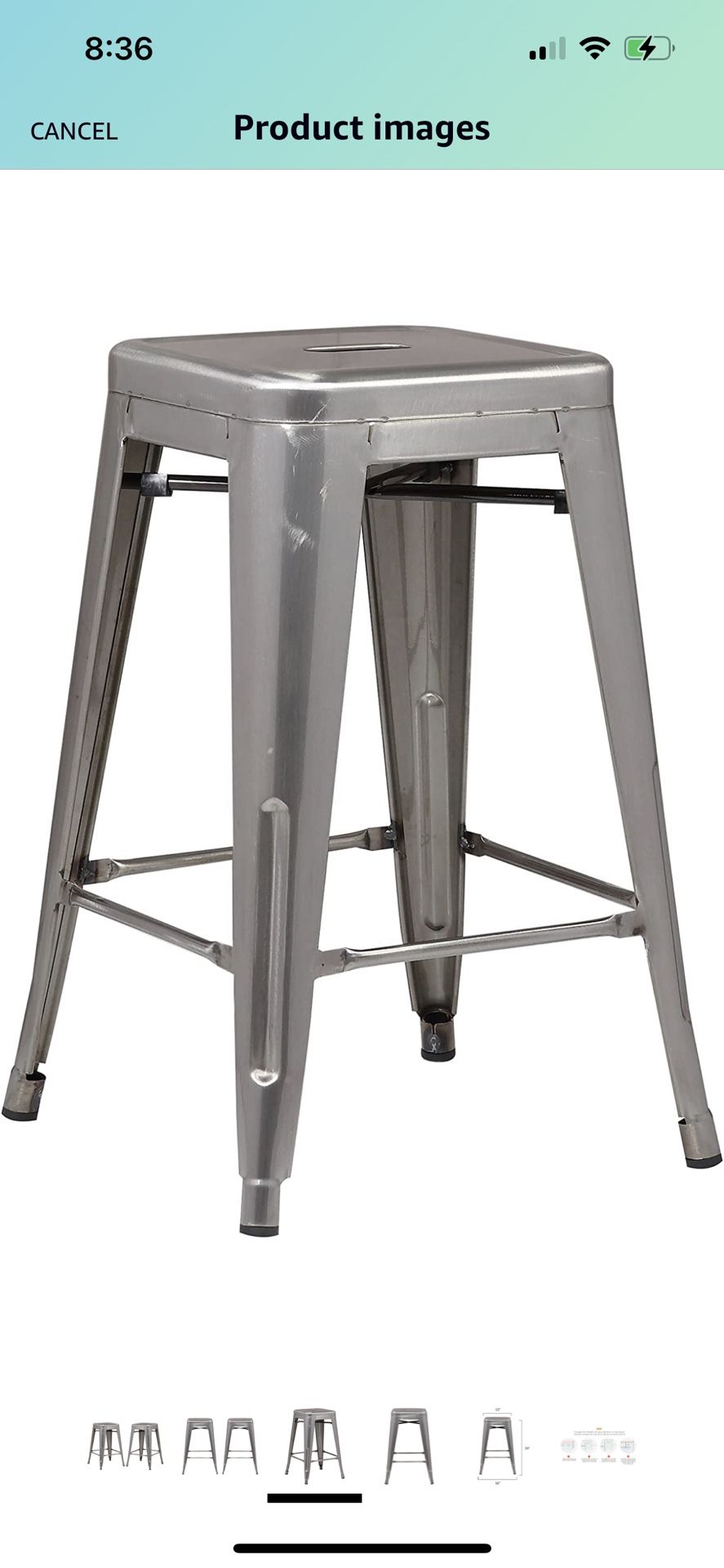 Poly and Bark Trattoria 24 Inch Counter Height Industrial Metal Bar Stool in Polished Gunmetal (Set of 2)