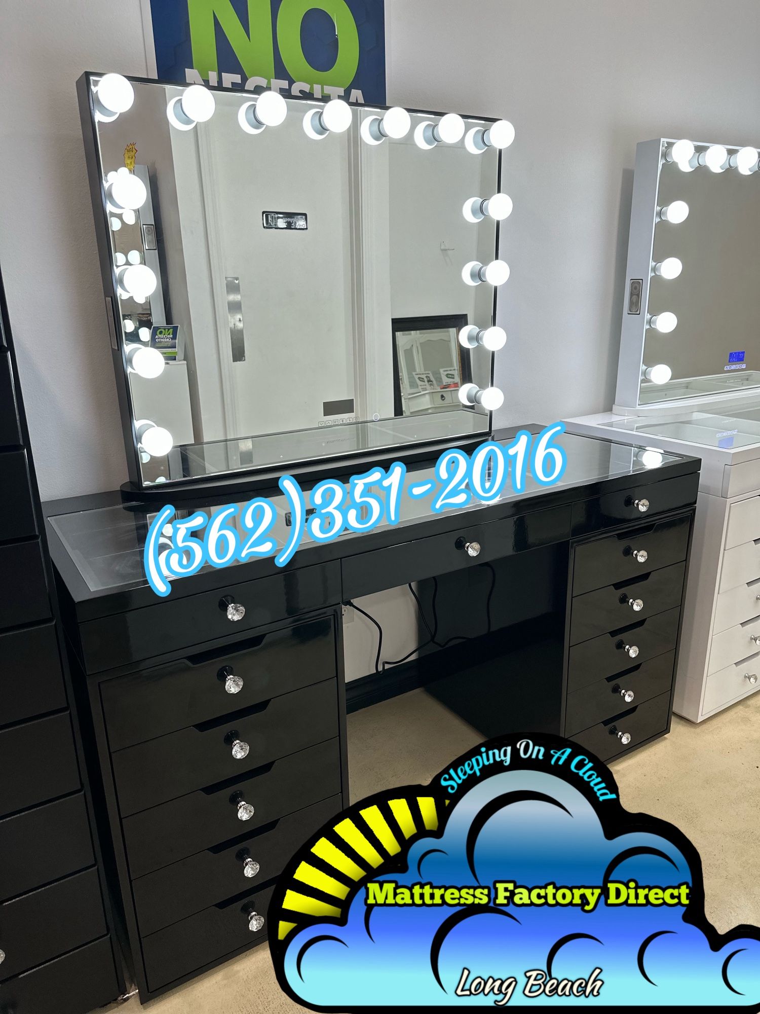 Black Vanity Desk With Diamond Knobs And Mirror Chest