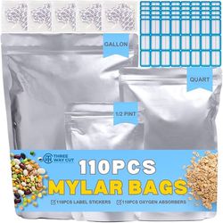 Mylar Bags For Food Storage -110pcs 10 Mil Thick Mylar Bags with Oxygen Absorbers 400cc, Ziplock Bag Assorted Size Variety Gallon, Quart, 1/2 Pint Lab