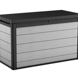 Keter Denali 200 Gallon Resin Large Deck Box for Patio Furniture Cushion Storage, Grey/Black