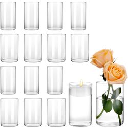 16pcs Glass Cylinder Vases for Flowers 6 Inch Tall Clear Vases for Centerpieces Wedding Decorations 2 Diameters Hurricane Floating Candle Holder Moder