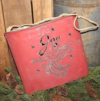 Rustic Chippy Aged Red JOY Christmas Angel Metal Farmhouse Wall Bucket