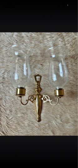 Vintage Polished Brass Double Wall Mount Candle Scones Candelabra with Glass Shades