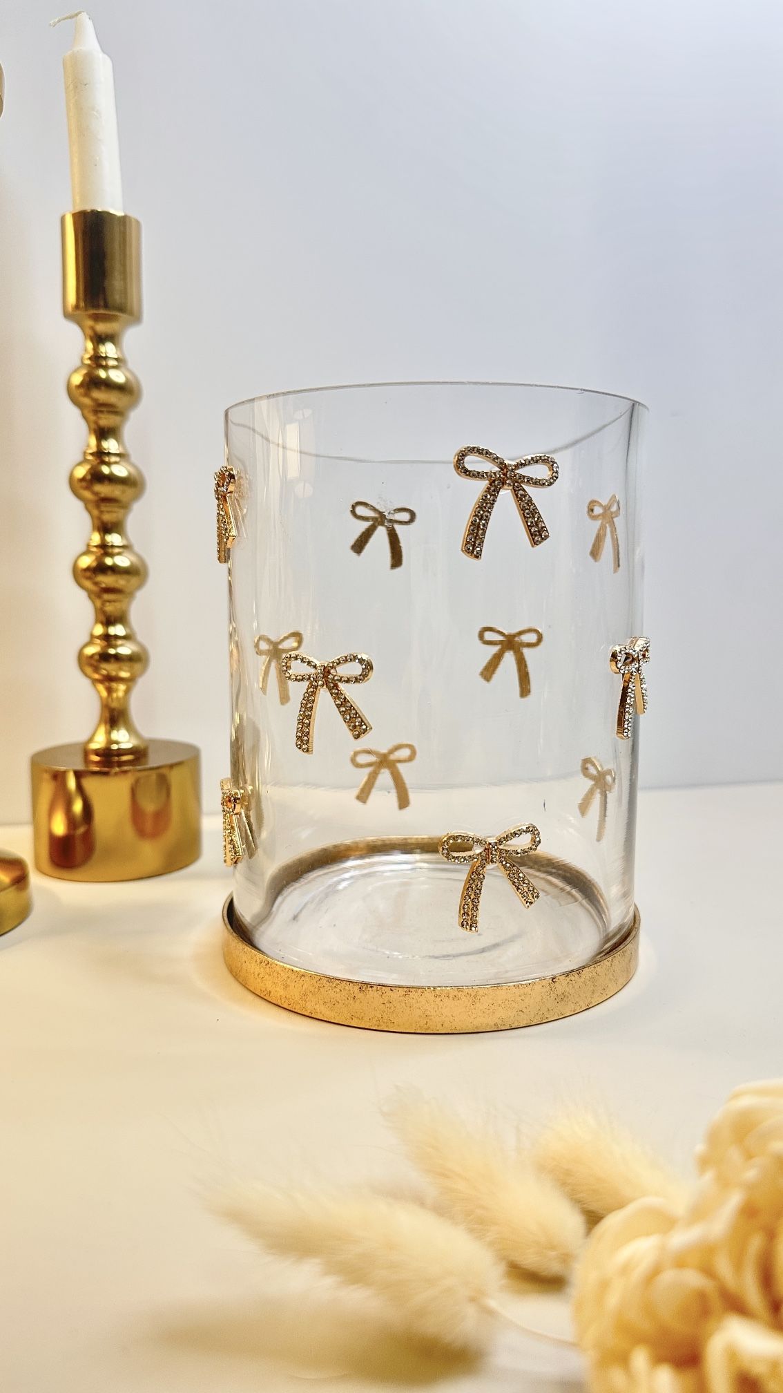 Decorative Glass Hurricane Candle Holder with Gold and Rhinestones Bow 6"