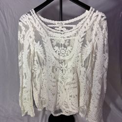 Soho Girls Cream Floral Lace Long Sleeve Stretch Sheer Boho Tunic 