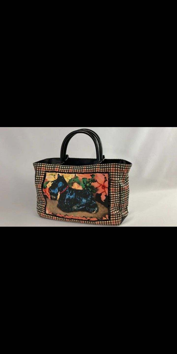 Bueno Scottie Dog Print/Plaid Multi Colored Handbag Embellished Sequins, Rhinestones, Beads