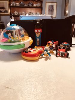 Mickey Mouse Toddler Toys, Musical light Bowl, microphone, mini guitar and some figures and a couple of cars