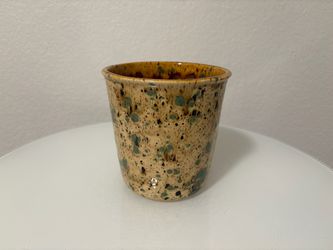 Vintage Speckled Pottery Pot Yellow Green Brown Signed