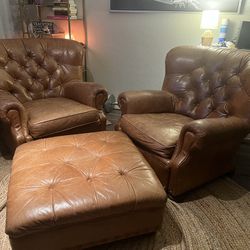 Genuine Leather Chair Set With Ottoman