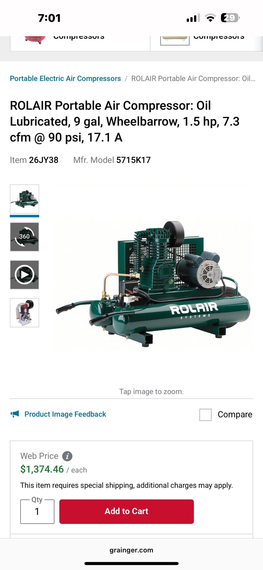 ROLAIR Portable Air Compressor: Oil Lubricated, 9 gal, Wheelbarrow, 1.5 hp, 7.3 cfm @ 90 psi, 17.1 A