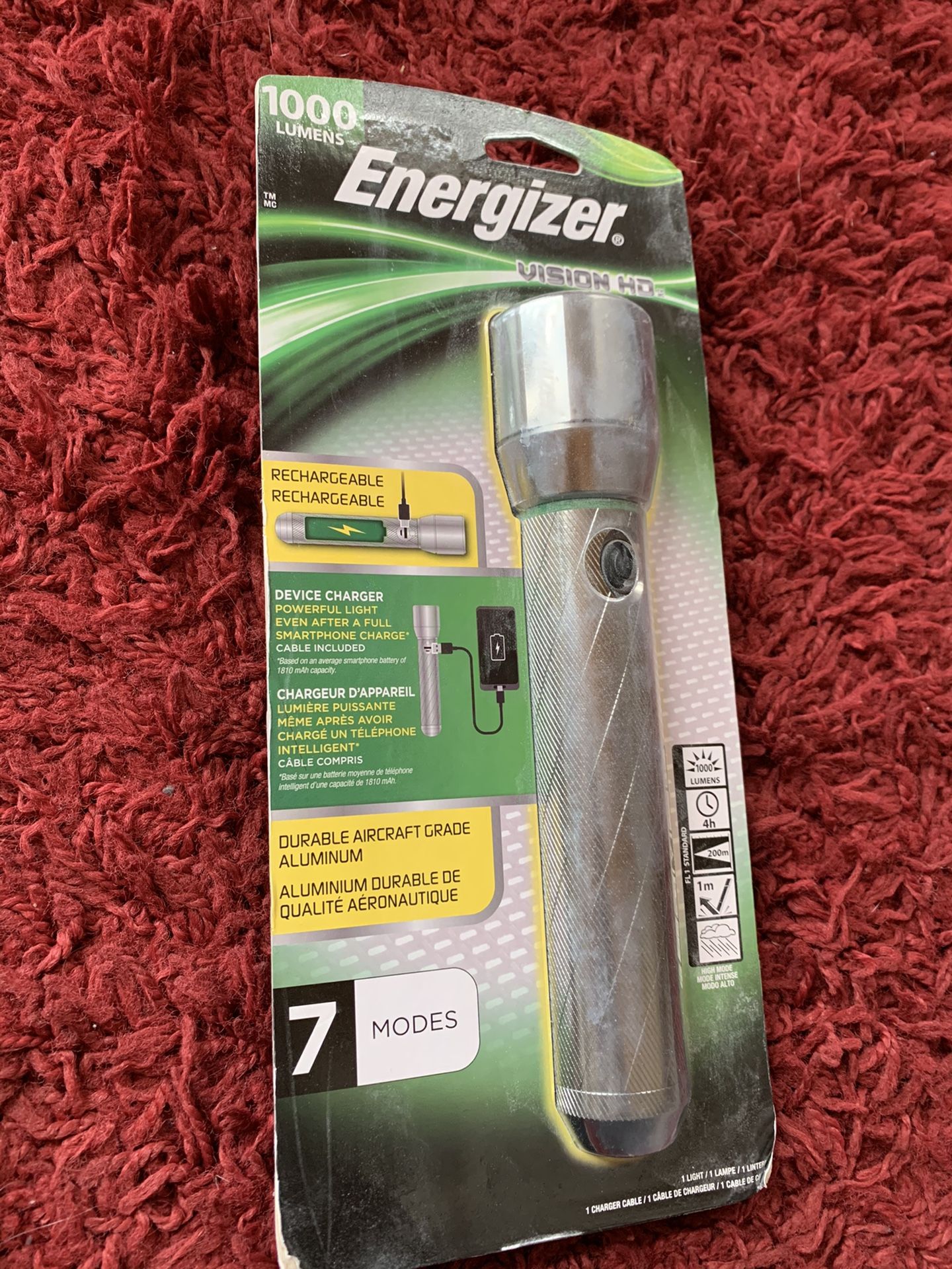 Energizer Rechargeable 1000 Lumens Vision HD Flashlight 7 Modes Device Charger