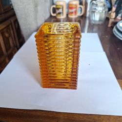 Sterno Candle Lamp Amber Orange Ribbed Square Glass Candle Tea Light Holder