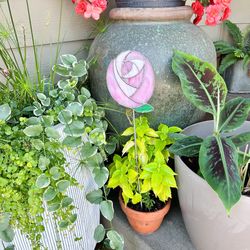 Stained Glass Rose Flower Garden Stake Indoor Outdoor Pink Rosette