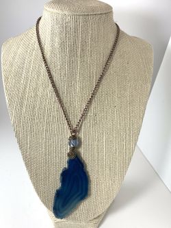 Blue Agate slice necklace 24” inches long