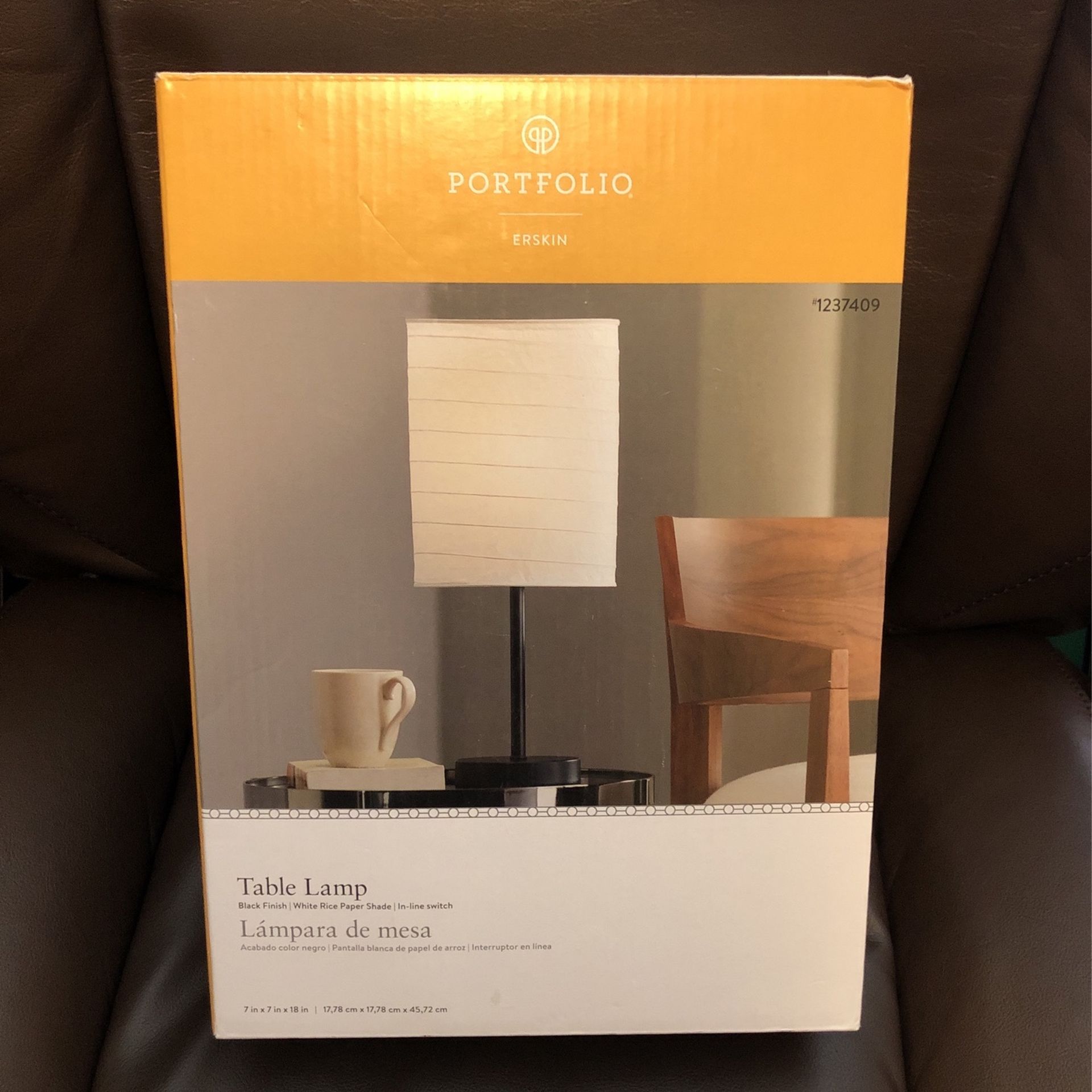 Portfolio Erskin Table Lamp Black Finish White Rice Paper Shade In-line Switch