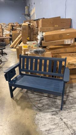 SERWALL HDPE Outdoor Bench with Foldable Cup Holder, 1 Pack, Navy
