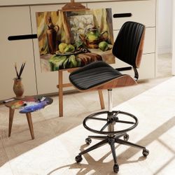 Drafting Home Office Chair, Swivel Desk Chair with Bend Wood Backrest, Ergonomic Office Chairs with Adjustable Height and Footrest Ring for Bar Lab Co