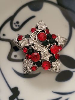 Vintage Gothic Star Crescent Moon Brooch Red Black Rhinestone Celestial Pin