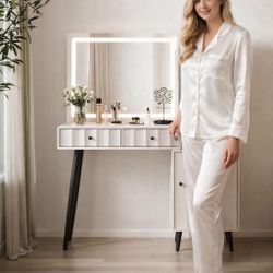 44" W x 55" H Vanity Desk Mirror with Light, Makeup Vanities Large Wave Fluted Dressing Table & 2 Drawer 