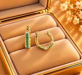 Gold Hoop Earrings with Emerald and White Stones