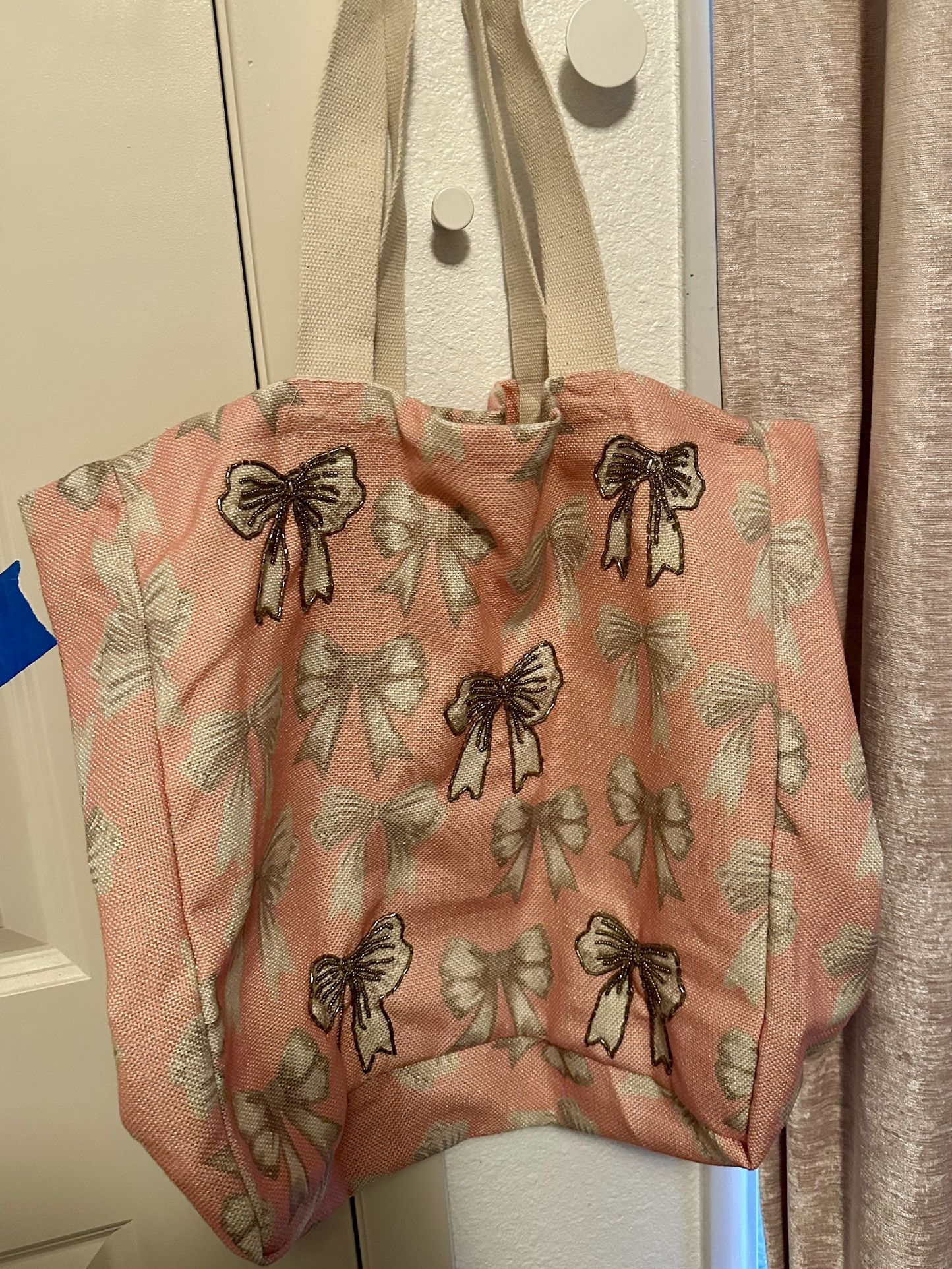 Pretty In Pink Bow Canvas Tote Bead Bag 