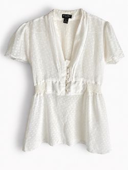 Vintage Y2K Poetry Clothing White Swiss Dot Blouse Smocked Coquette Top L