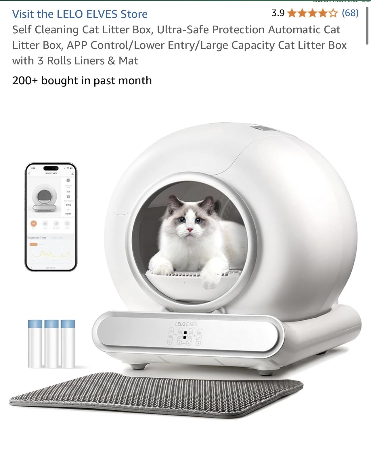 Lelo Elves Self Cleaning Cat Litter Box, Ultra-Safe Protection Automatic Cat Litter Box, APP Control