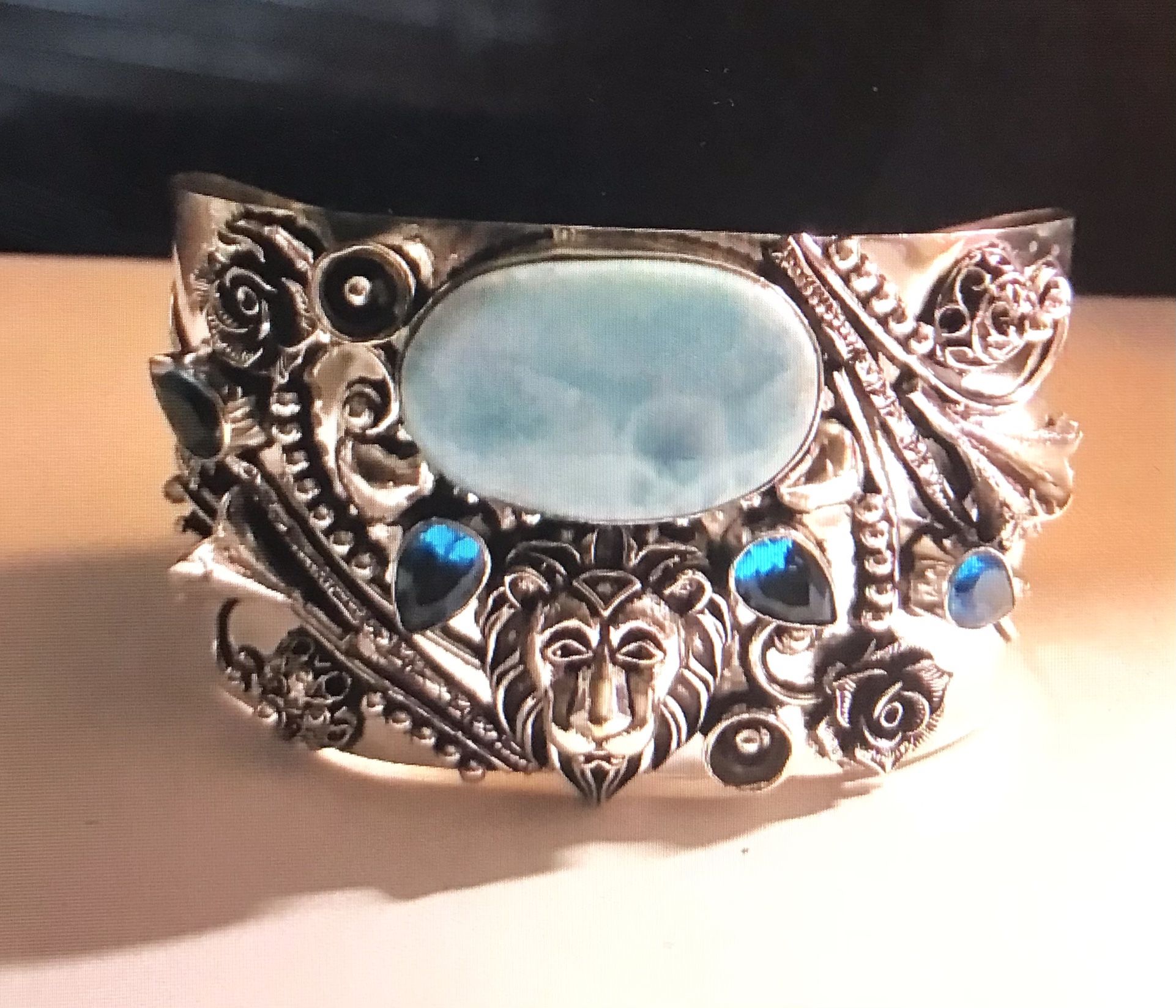 Larimar Blue Topaz 925 Sterling Silver Cuff Bracelet