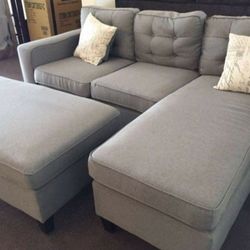 Brand New Light Grey Linen Sectional Sofa +Ottoman (New In Box) 