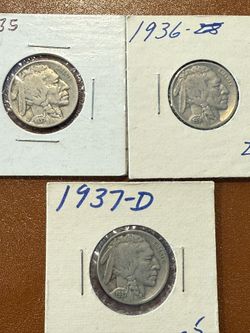 Buffalo Nickle 1935, 1936 & 1937 D Lot of 3 