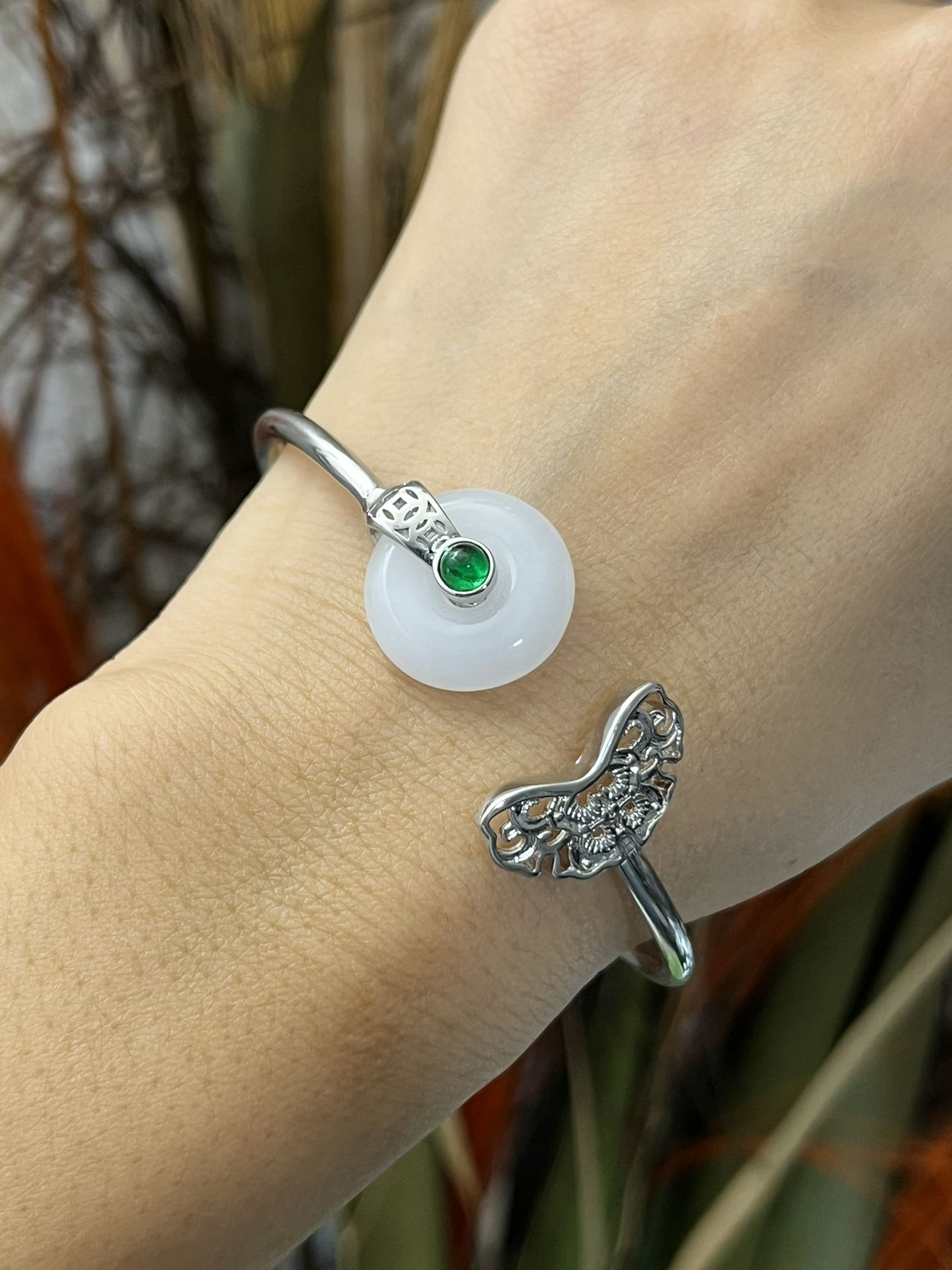 S925 silver white and round jade with gold nugget shape cuff bangle bracelet,Silver hearts bracelet,Silver irregular cuff bracelet,Everyday bracelet j