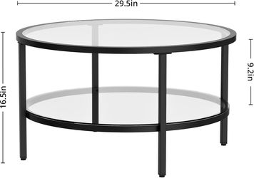 Black Glass Coffee Table, 29.5 Inch Round Modern Coffee Table, 2-Tier Round Glass Coffee Table for Living Room, 29.5" D x 16.5" H