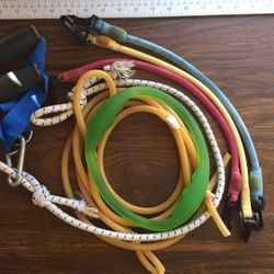 Assorted workout bands, one set of grips