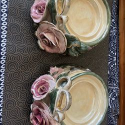 2 Heather Goldminc Christmas Collection Round Candle Holder Roses Blue Sky