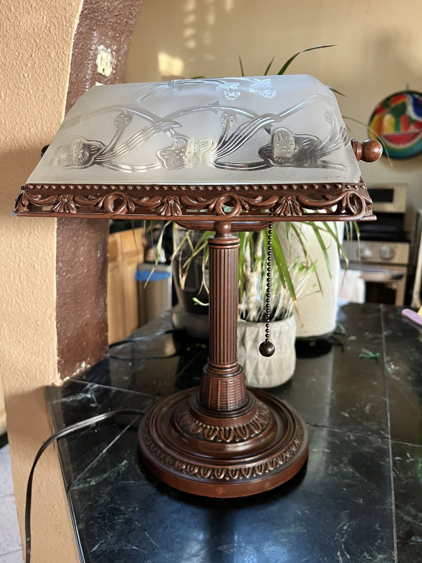 Antique Frosted Floral Glass Bankers Lamp