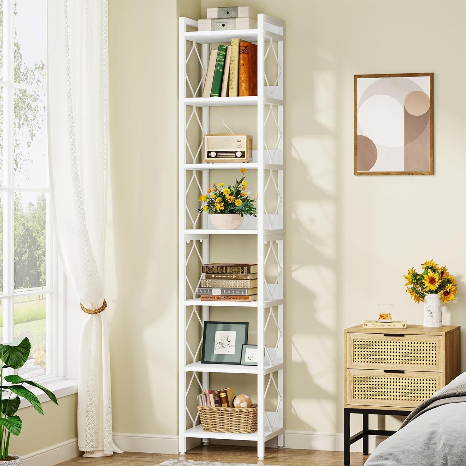 Tribesigns 78.7 Inch Extra Tall Narrow Bookshelf, 7 Tier Skinny Bookcase for Small Spaces, Freestanding Display Shelves, Multifunctional Corner Storag