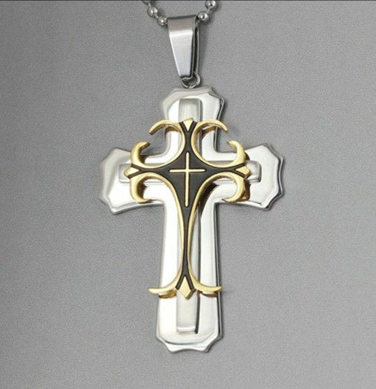 3 Layer Cross Crucifix Deco Pendant Necklace Stainless Steel Charm Chain Silver