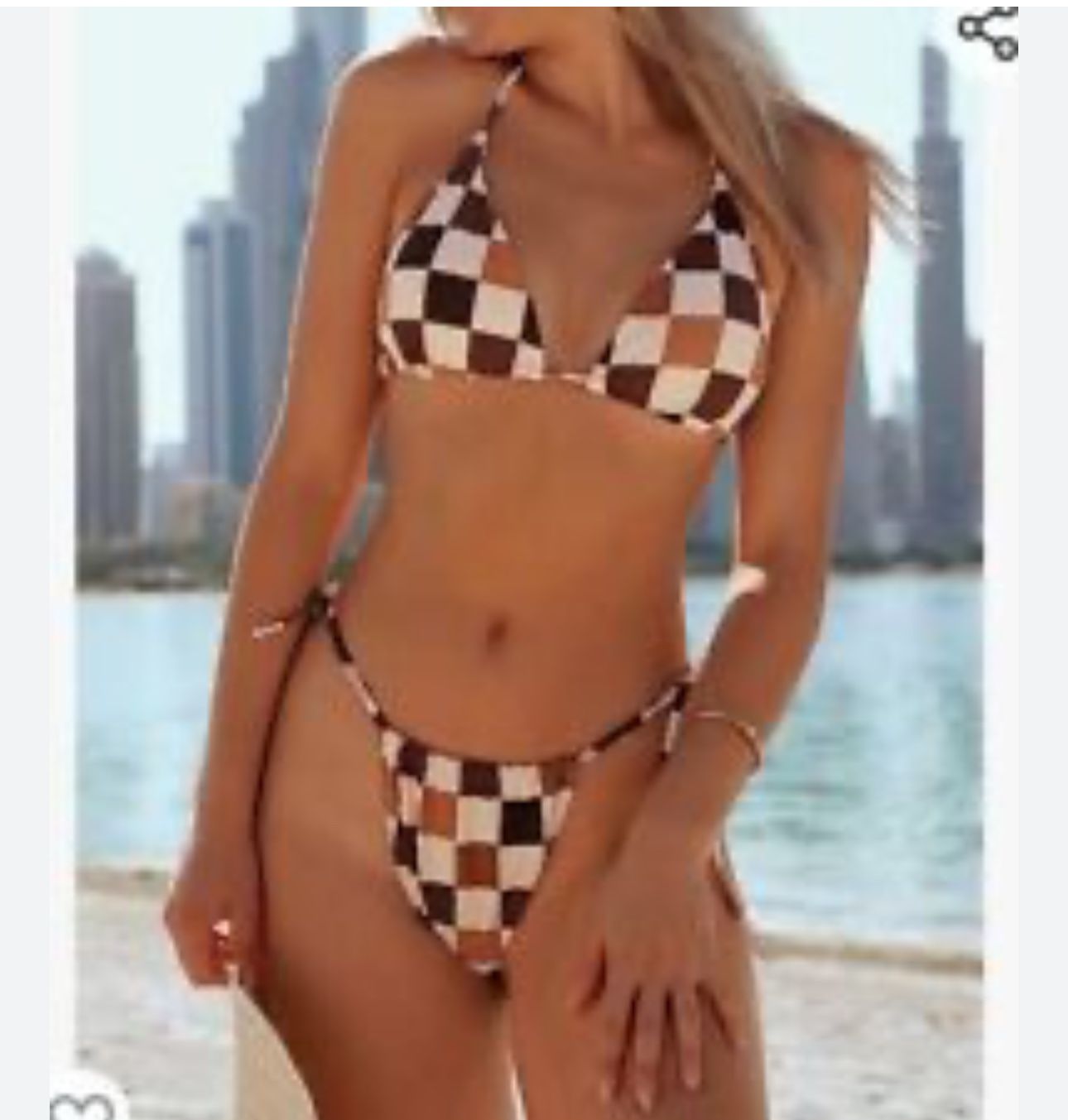 Plaid Checkerboard Halter Bikini Swimwear Coffee
