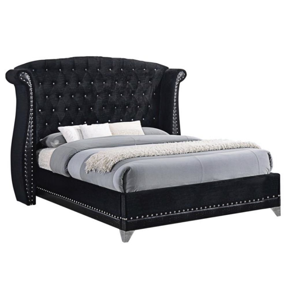 62” Tall Headboard Black Metallic Velvet & Crocodile Leatherette Crystal Tufted Nailhead Trim Comes In Sizes Queen $599 EK $660