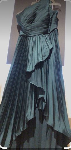 Dark Green satin one shoulder pleated dress. Size 12.