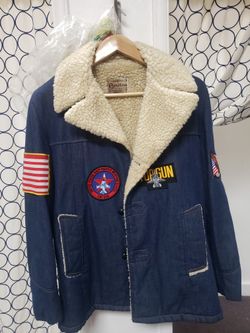 Vintage Sherpa Denim Jacket, Top Gun, American Flag, Size 38 Men
