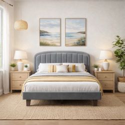 Full Size Gray Velvet Vertical Channel Bed Frame With Mattress 