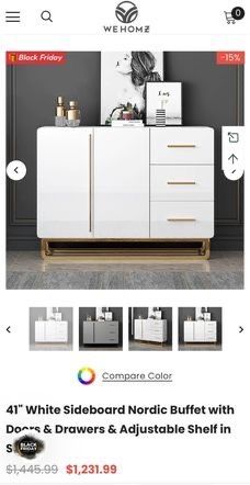 41" White Sideboard Nordic Buffet With Doors & Drawers & Adjustable Shelf In Small