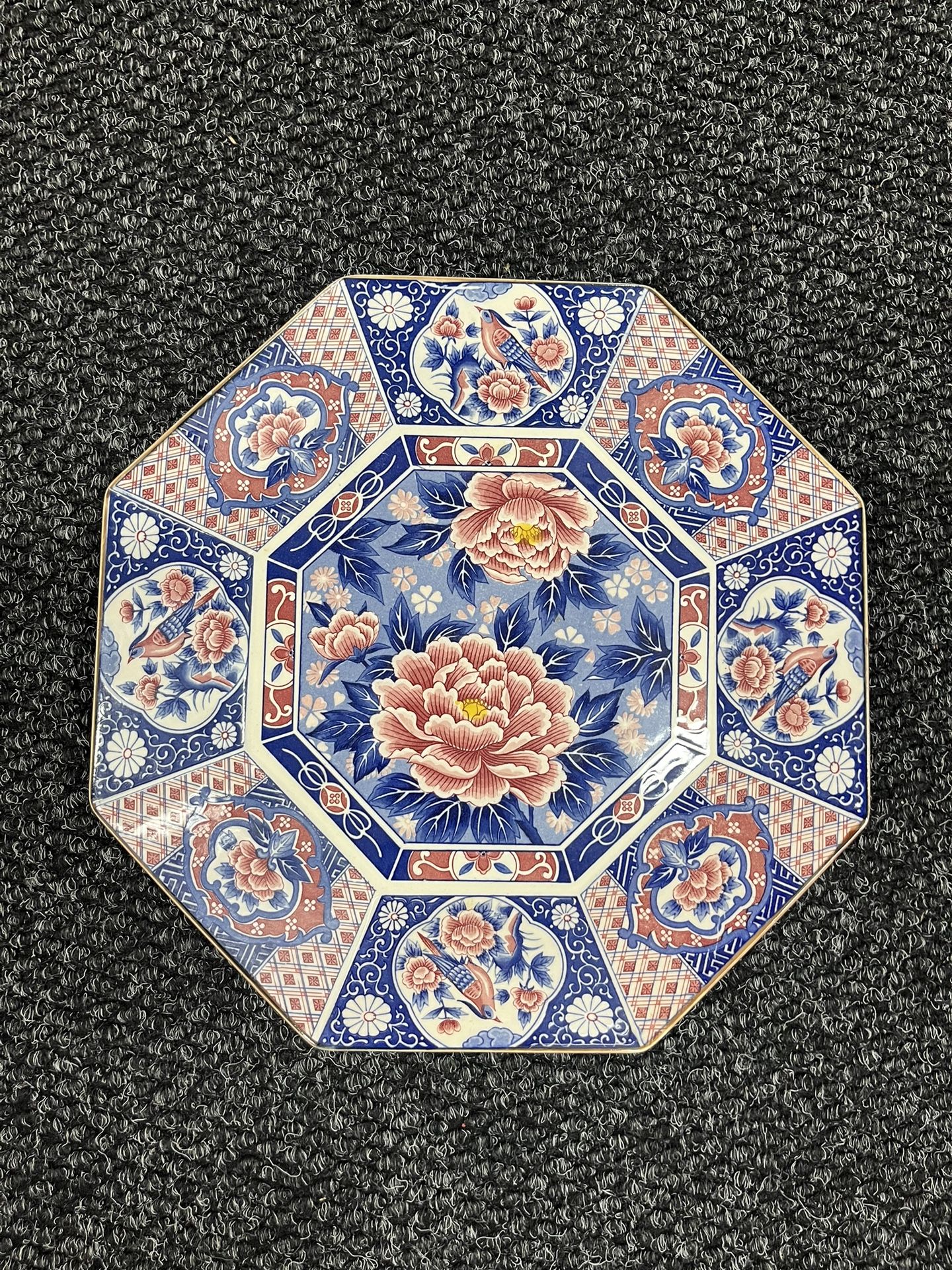 1970s Vintage TOYO Japan Peony Kingfisher Birds Octagonal Plate Blue White Red