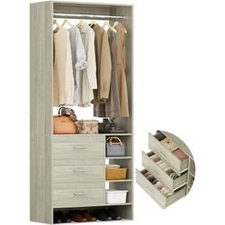 Closet System with 3 Drawers and Shelves, 29.6’’ Closet Organizer, 2.5FT Wood Closet Organizer System, Walk-in Closet or Small Closets Wardrobe, Cloth